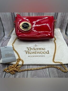 NEW VIVIENNE WESTWOOD Red Patent Glossy Two-Way Bag Chain Strap Dust Bag & Tags